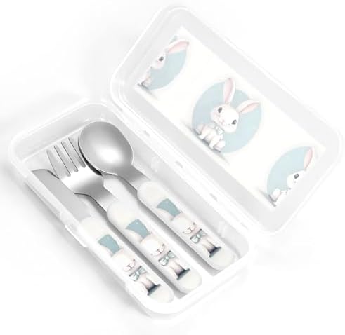 Cute White Rabbit Print Flatware Set with Travel Case