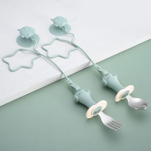 GRIRIW Training Spoon Fork Set with Anti Drop Chain Suction Design