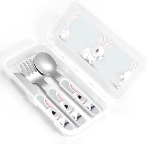 Cute White Rabbit Print Flatware Set with Travel Case 1