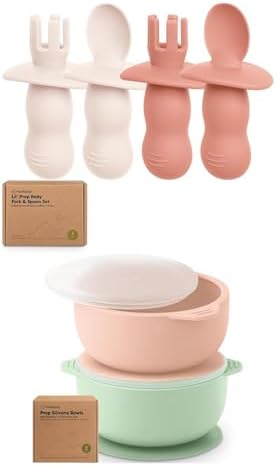 KeaBabies 4-Pack Silicone Spoons Forks Set with 2-Pack Suction Bowls