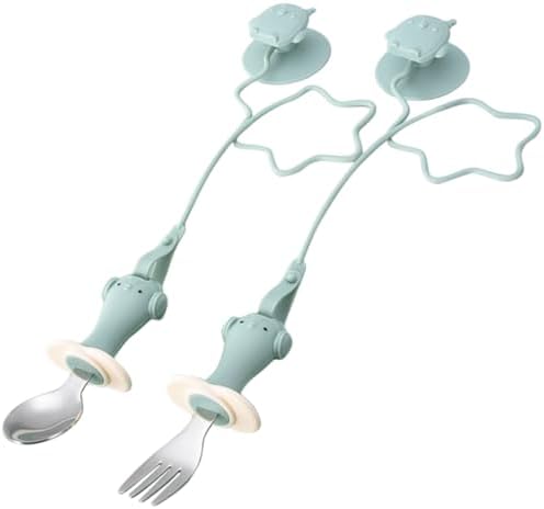 GRIRIW Training Spoon Fork Set with Anti Drop Chain Suction Design