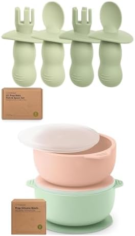 KeaBabies 4-Pack Silicone Spoons and Forks with 2-Pack Suction Bowls