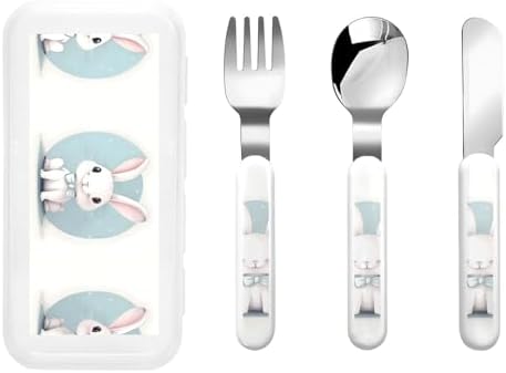 Cute White Rabbit Print Flatware Set with Travel Case