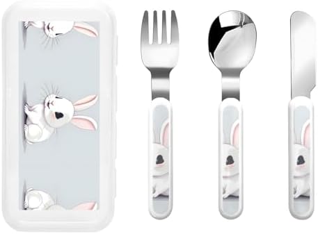 Cute White Rabbit Print Flatware Set with Travel Case 1