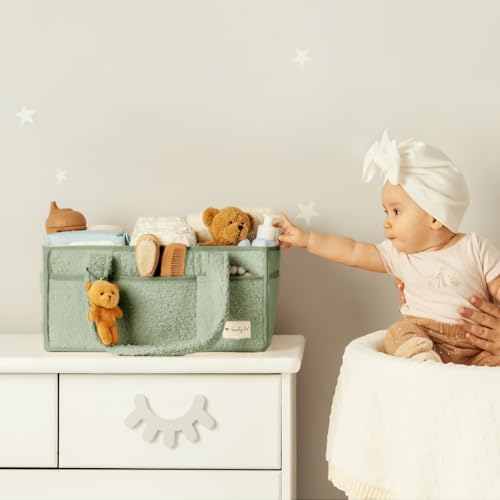Sweety Fox Baby Diaper Caddy Organizer with Handle - Portable Sherpa Basket - Green