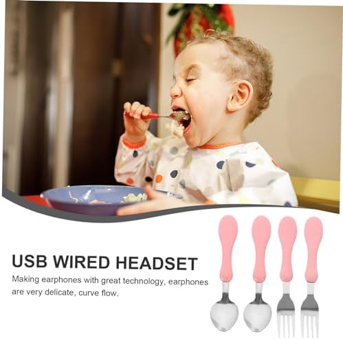 KICHOUSE 4pcs Cartoon Utensils Set with Silicone Handles