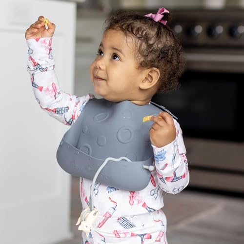 Busy Baby Bungee Bib Utensil Set Adjustable Silicone Bib with Tethered Utensils