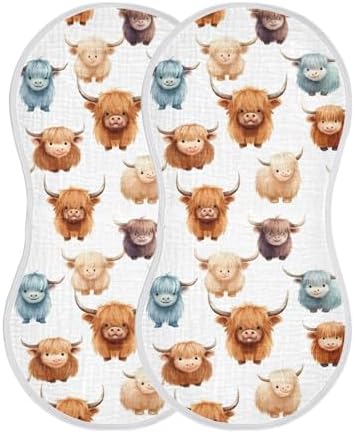 2Pcs Highland Cow Pattern Burp Cloths for Newborns