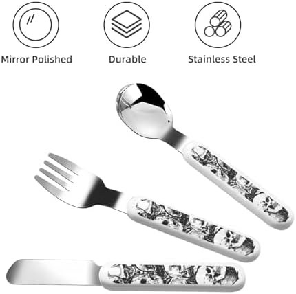 Black and White Skulls Print Stainless Steel Flatware Set with Travel Case