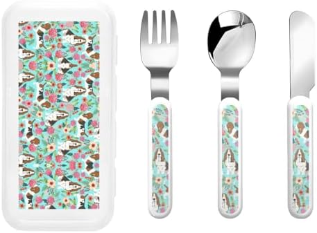 Sweet Basset Hound Florals Print Silverware Set with Travel Case