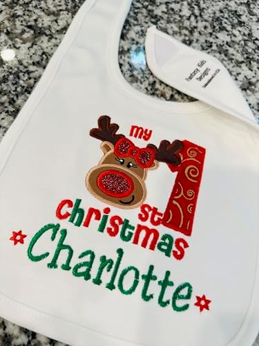Christmas Baby Girl Bib with Reindeer Custom Name