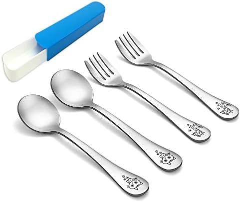 TeamFar Toddler Flatware Set 4PCS Stainless Steel Carved Animal Handles