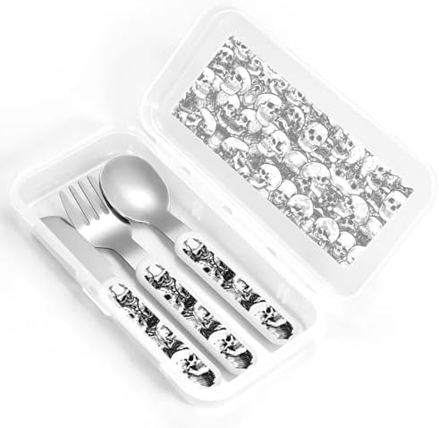 Black and White Skulls Print Stainless Steel Flatware Set with Travel Case