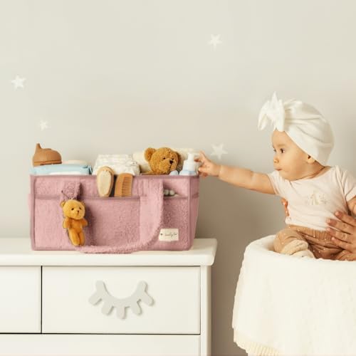 Sweety Fox Plush Sherpa Diaper Caddy Organizer with Handle - Pink