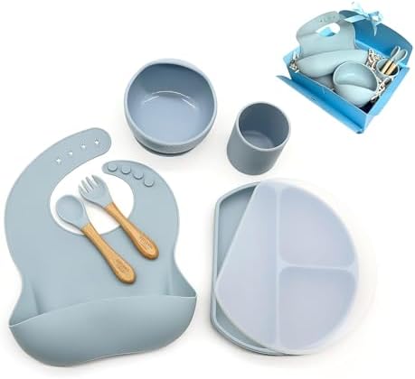 Silicone Baby Bowls and Spoons Set - 6 Piece Dusty Blue