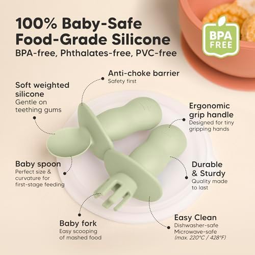 KeaBabies 4-Pack Silicone Spoons and Forks with 2-Pack Suction Bowls
