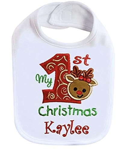 Handmade First Christmas Baby Bib with Reindeer Design and Custom Name