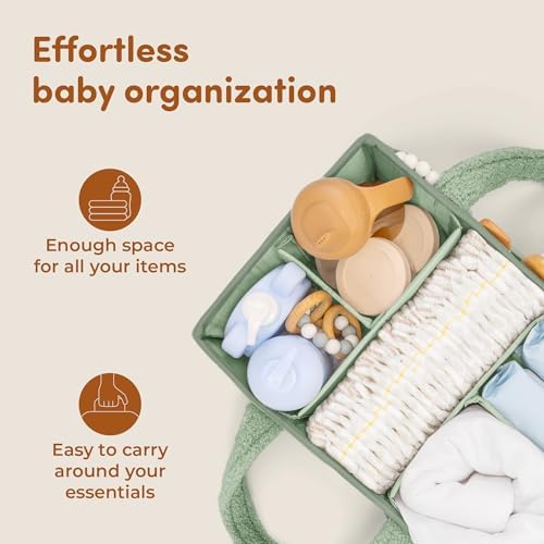 Sweety Fox Baby Diaper Caddy Organizer with Handle - Portable Sherpa Basket - Green
