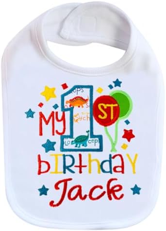 First Birthday Boy Bib White Bib with Turquoise Dino Embroidery