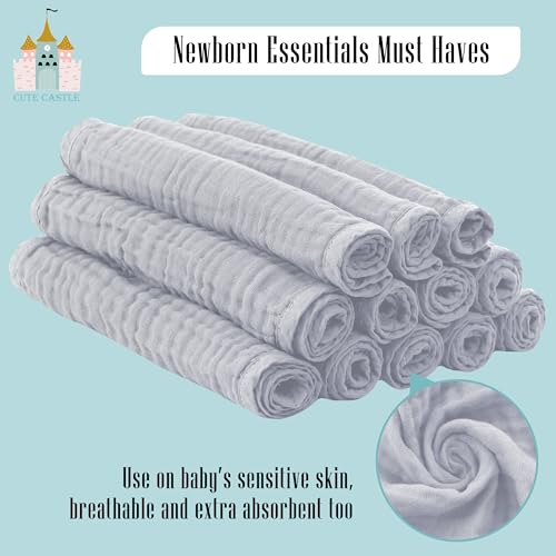 Cute Castle 12 Pack Muslin Burp Cloths - 20x10 Ultra Soft Cotton