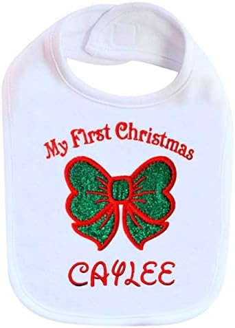 Christmas Baby Girl Bib with Glitter Bow and Custom Name