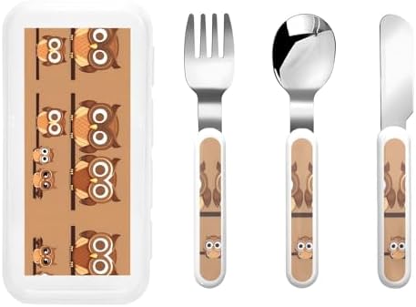 Cute Cartoon Owl Print Stainless Steel Utensils Set with Travel Case