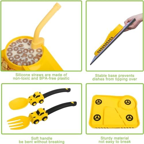 Toddler Plates Set with Removable Straw and Raised Rim