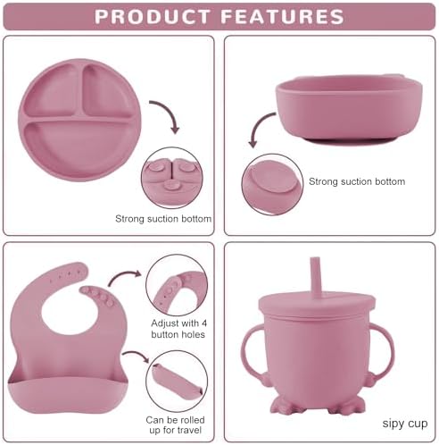 Mrkyy 8-Piece Silicone Baby Feeding Set for 6 Months Deep Pink