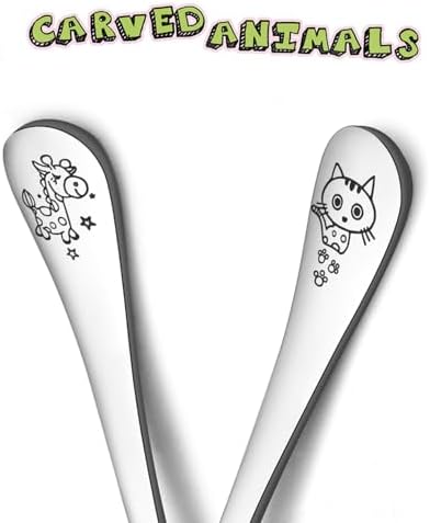 TeamFar Toddler Flatware Set 4PCS Stainless Steel Carved Animal Handles