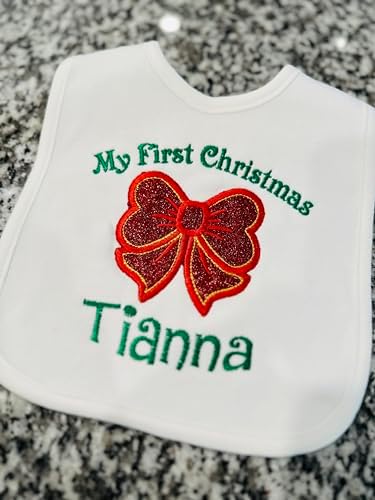 Christmas Baby Girl Bib with Glitter Bow and Custom Name