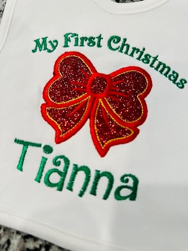 Christmas Baby Girl Bib with Glitter Bow and Custom Name