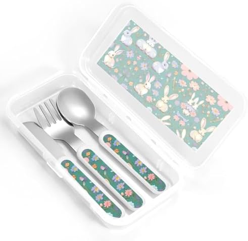 Flowers Bunnies Birds Print Stainless Steel Cutlery Set with Travel Case