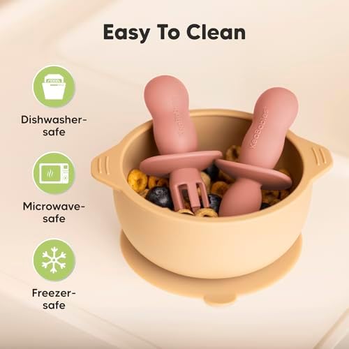 KeaBabies 4-Pack Silicone Spoons Forks Set with 2-Pack Suction Bowls