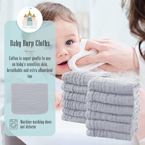 Cute Castle 12 Pack Muslin Burp Cloths - 20x10 Ultra Soft Cotton