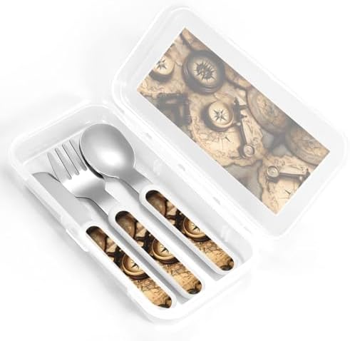Compass Map Print Stainless Steel Utensils Set with Travel Case