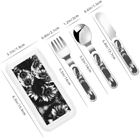 Black and White Sunflowers Print Flatware Set with Travel Case