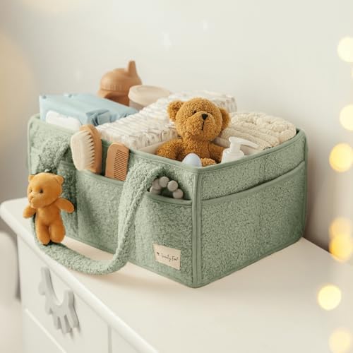 Sweety Fox Baby Diaper Caddy Organizer with Handle - Portable Sherpa Basket - Green