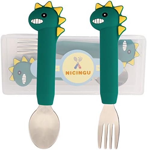 Dinosaur Toddler Spoons Fork Set with Silicone Handles - Blue