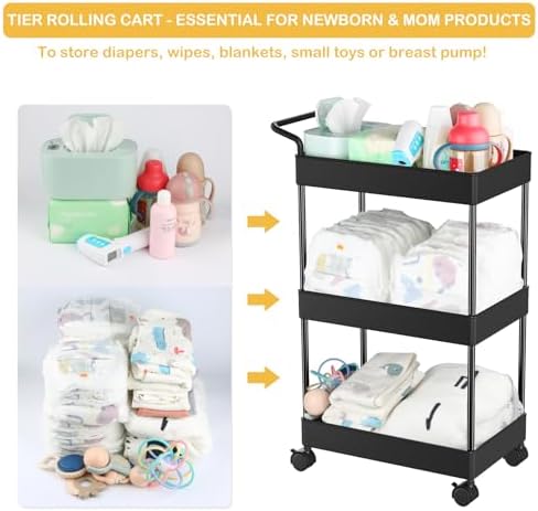 Volnamal Baby Diaper Caddy - Black Movable Cart for Nursery Essentials