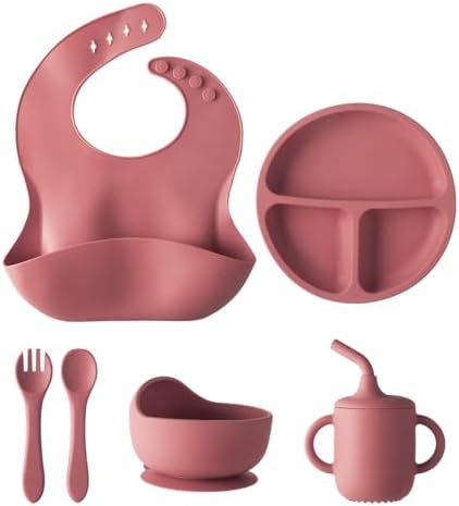 Silicone Baby Led Weaning Set - 6 Piece Toddler Dinnerware Kit Burgundy