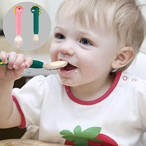 Dinosaur Toddler Spoons Fork Set with Silicone Handles - Blue