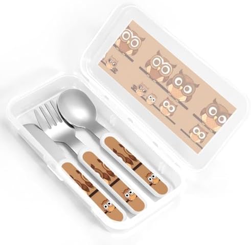 Cute Cartoon Owl Print Stainless Steel Utensils Set with Travel Case