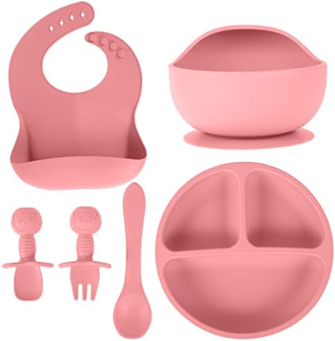 Set of 6 Silicone Baby Feeding Set Wine Red