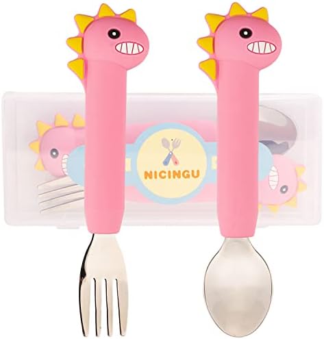NICINGU Dinosaur Toddler Spoons Forks Set - Pink