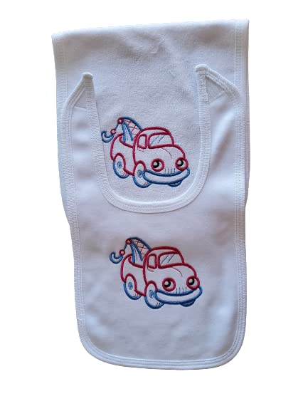 Happy Tow Truck Custom Embroidered Bib and Burp Cloth 1