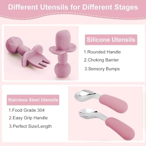 Mrkyy 8-Piece Silicone Baby Feeding Set for 6 Months Deep Pink