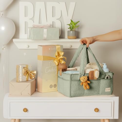 Sweety Fox Baby Diaper Caddy Organizer with Handle - Portable Sherpa Basket - Green