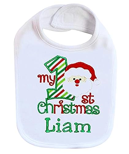 First Christmas Bib with Santas Face and Baby Name