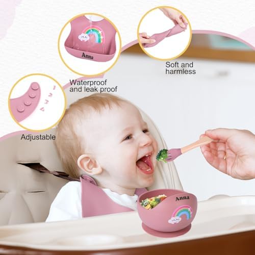 TYRYHU Personalized Silicone Baby Feeding Set with Name Pink