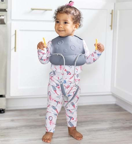 Busy Baby Bungee Bib Utensil Set Adjustable Silicone Bib with Tethered Utensils